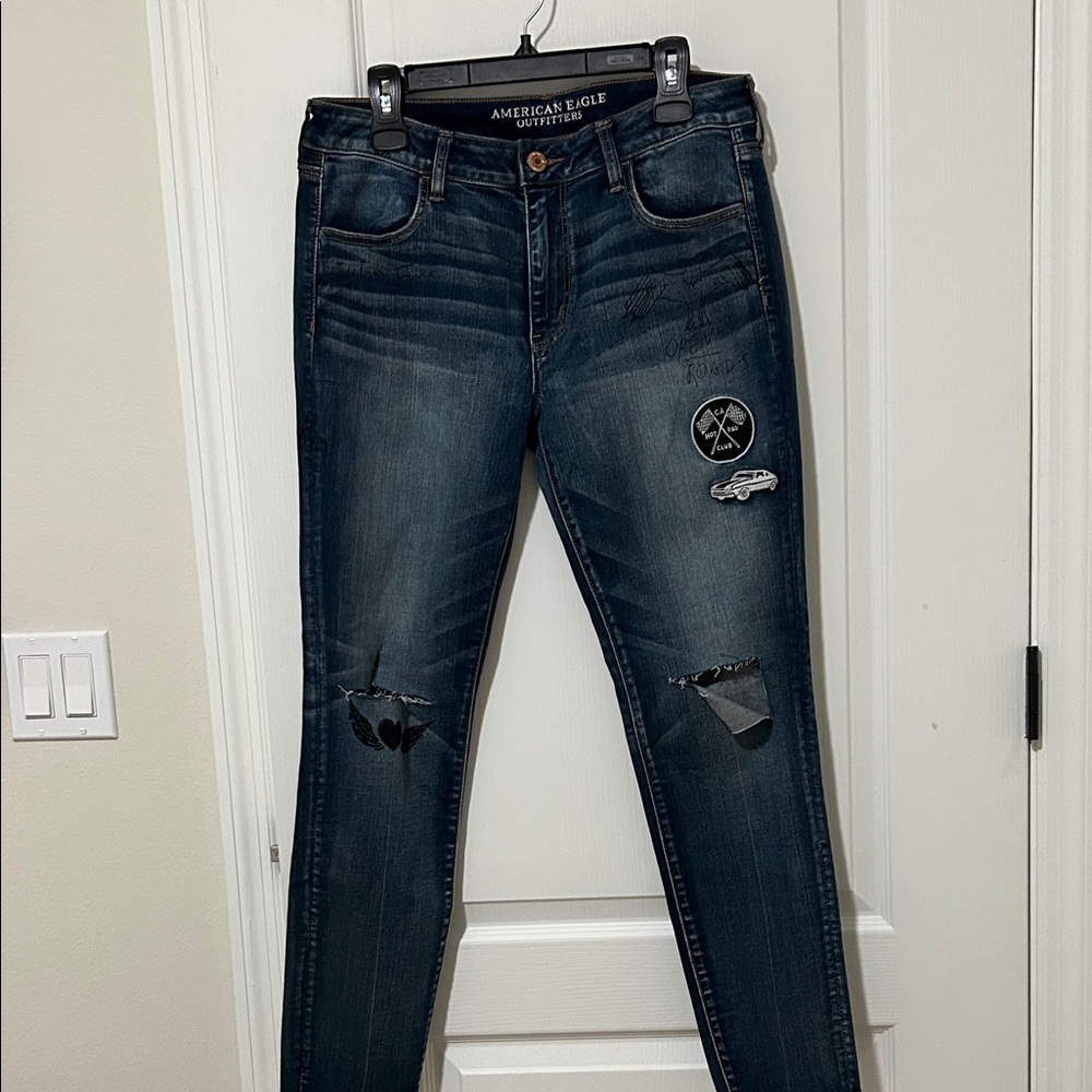 Rare American Eagle Outfitters Graffiti Patch Denim X Jeggings Size 14 R